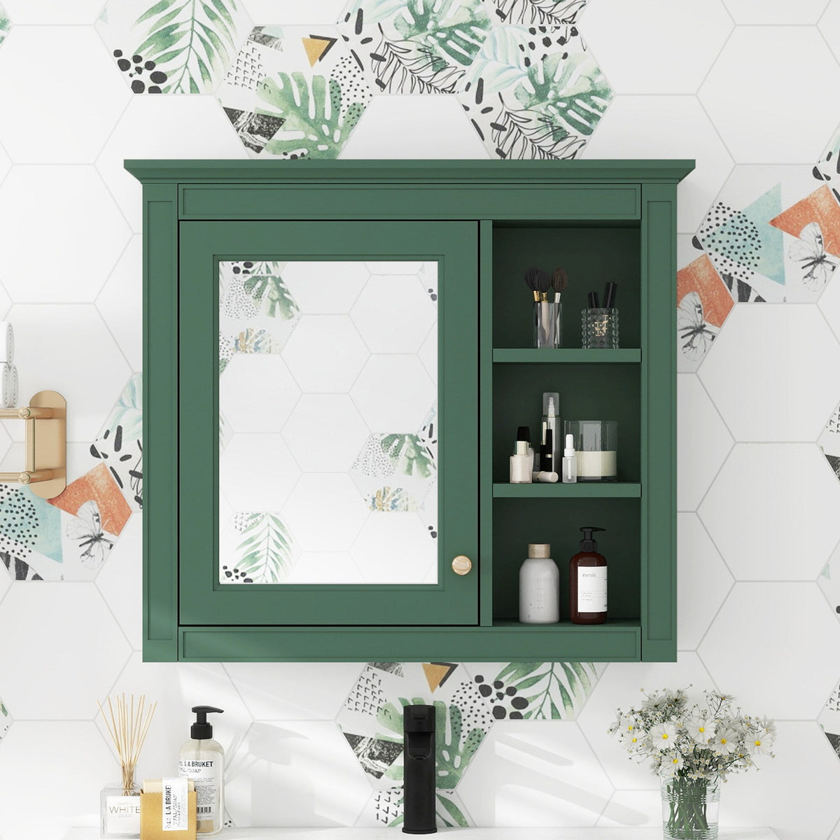 Siavonce 30-in x 28-in Surface Mount Green Mirrored Soft Close Medicine Cabinet