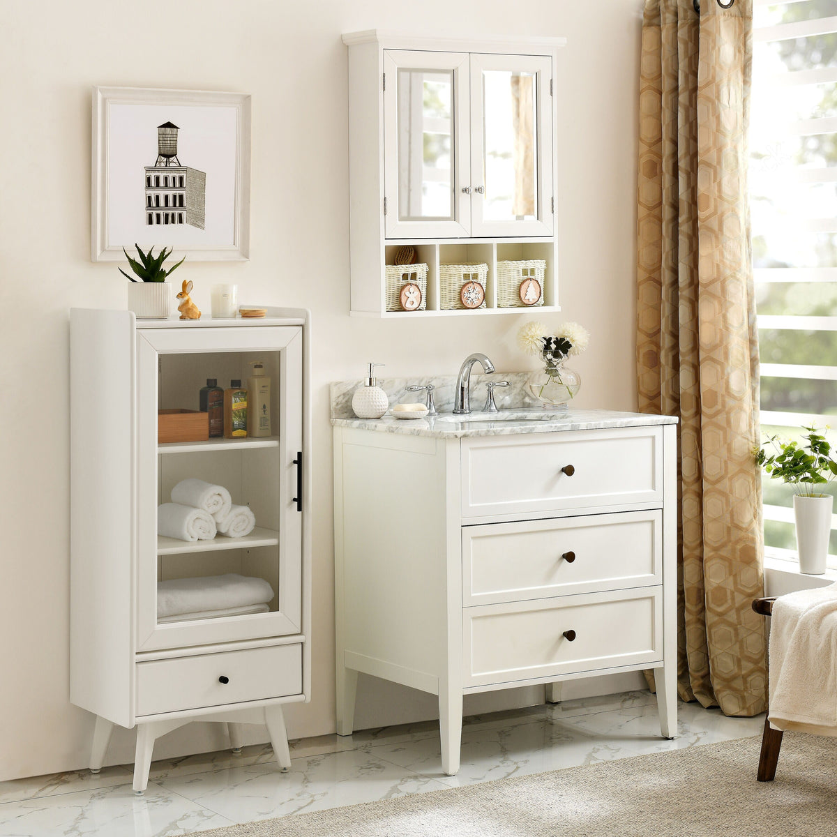 Forclover 25-in x 30-in Surface Mount White Mirrored Medicine Cabinet