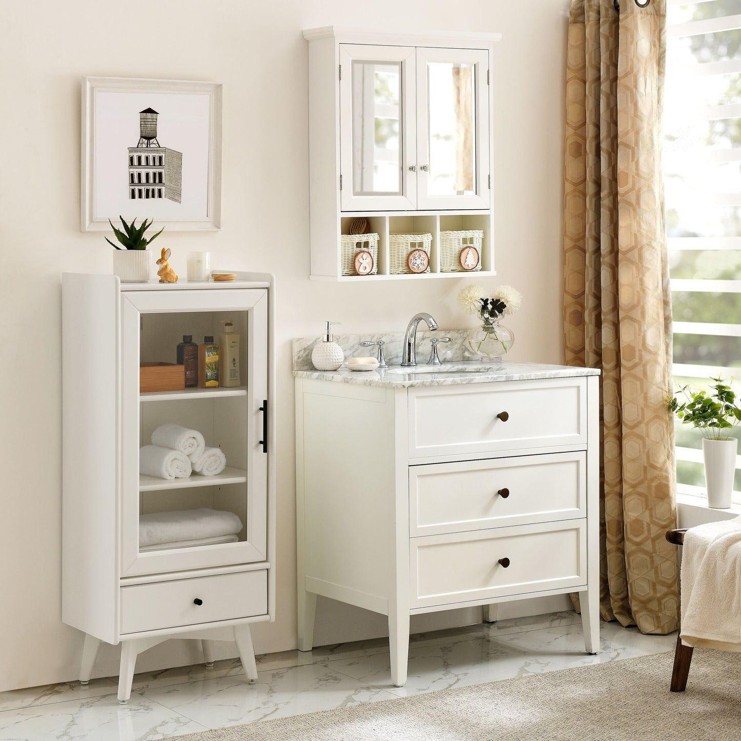 Forclover 25-in x 30-in Surface Mount White Mirrored Medicine Cabinet