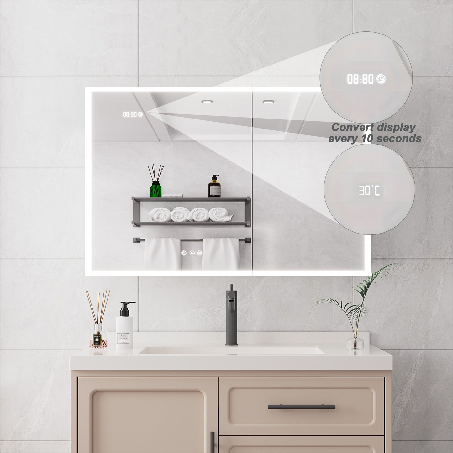 Forclover 36-in x 24-in Lighted LED Fog Free Surface Mount Silver Mirrored Medicine Cabinet