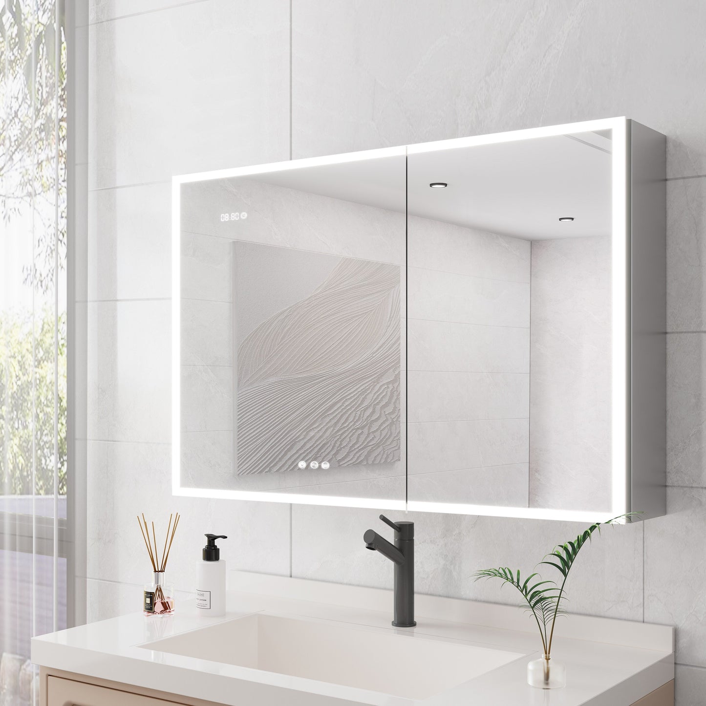 Forclover 36-in x 24-in Lighted LED Fog Free Surface Mount Silver Mirrored Medicine Cabinet