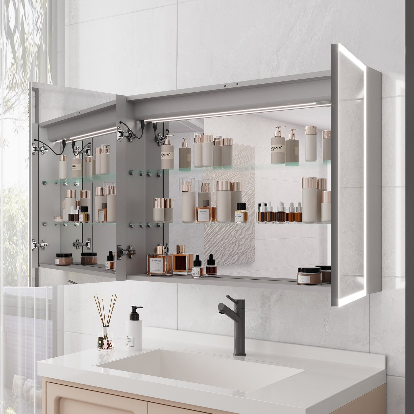 Forclover 36-in x 24-in Lighted LED Fog Free Surface Mount Silver Mirrored Medicine Cabinet