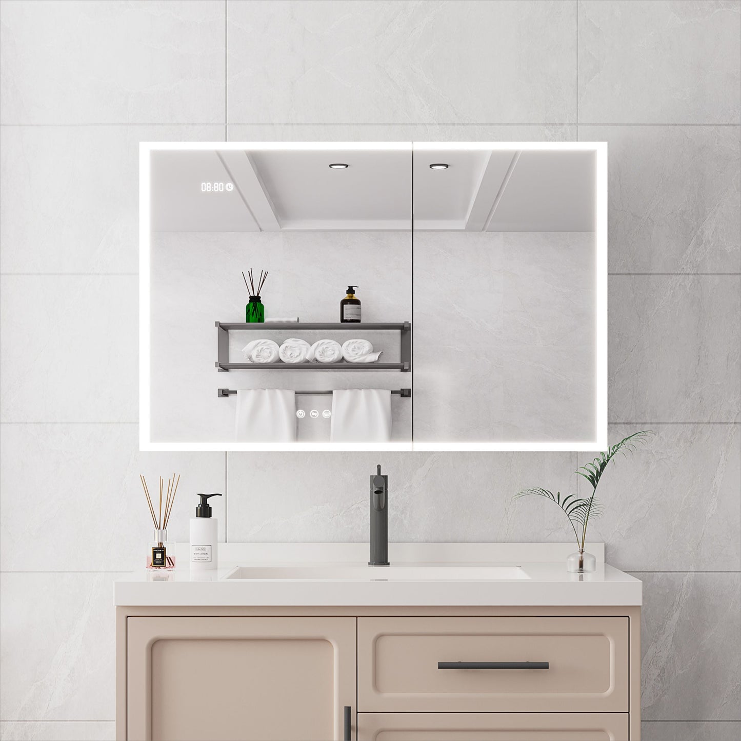 Forclover 36-in x 24-in Lighted LED Fog Free Surface Mount Silver Mirrored Medicine Cabinet