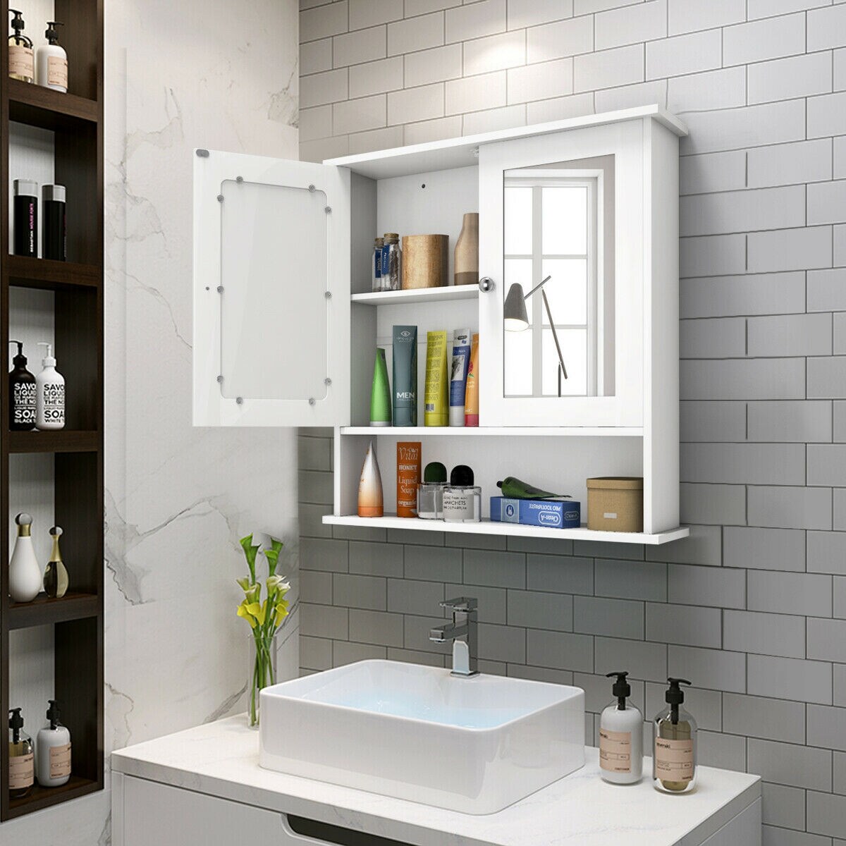 WELLFOR 22-in x 23-in Surface Mount White Mirrored Medicine Cabinet
