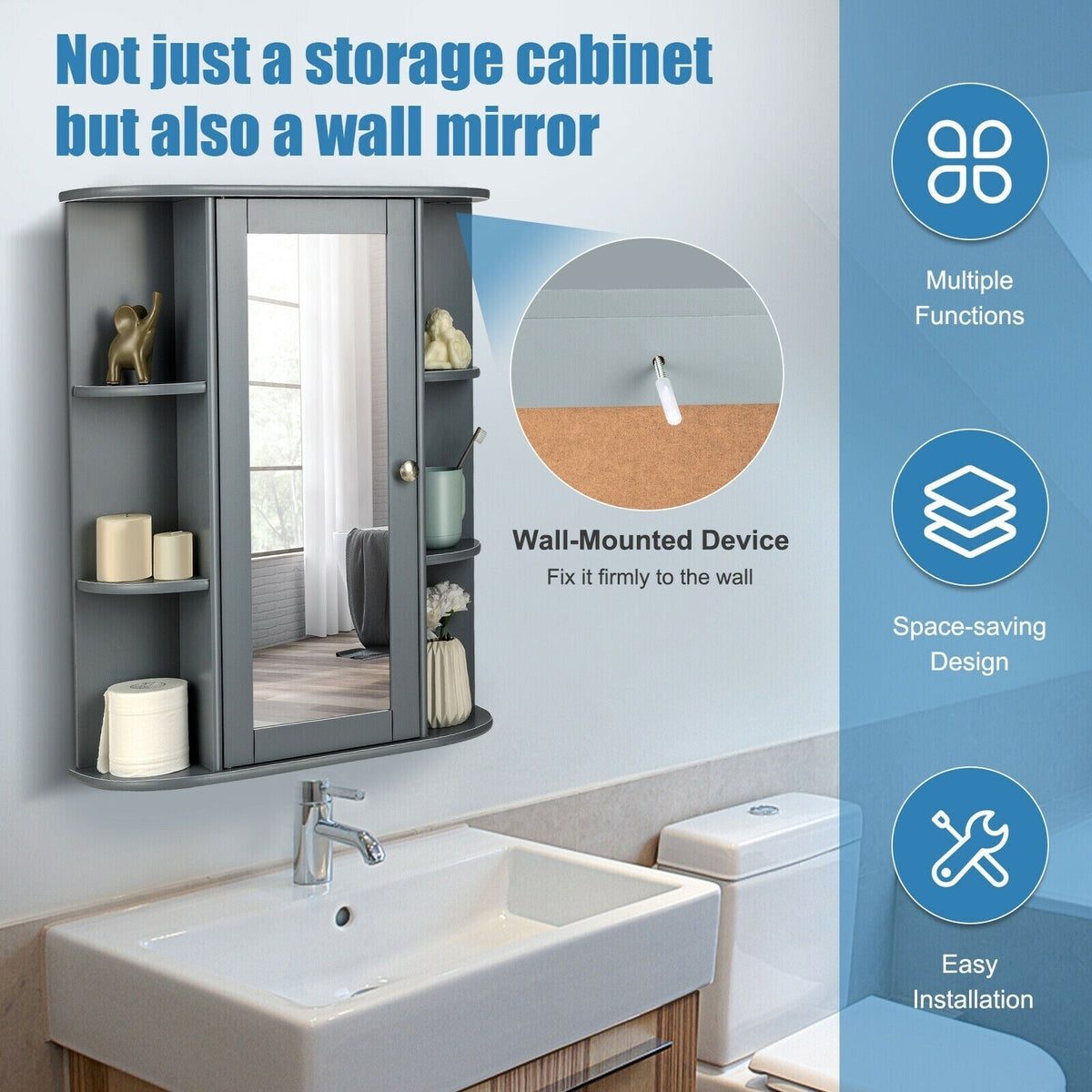 WELLFOR 23.5-in x 28-in Surface Mount Gray Mirrored Medicine Cabinet