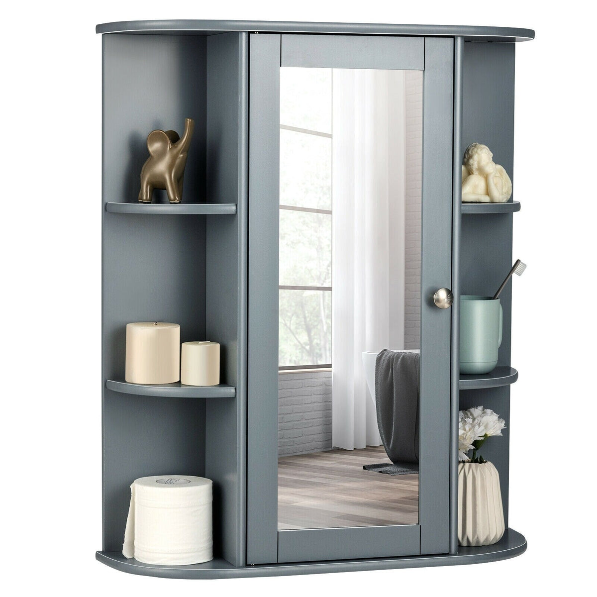 WELLFOR 23.5-in x 28-in Surface Mount Gray Mirrored Medicine Cabinet