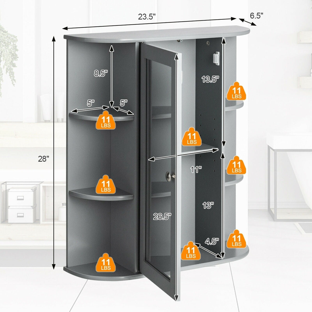 WELLFOR 23.5-in x 28-in Surface Mount Gray Mirrored Medicine Cabinet