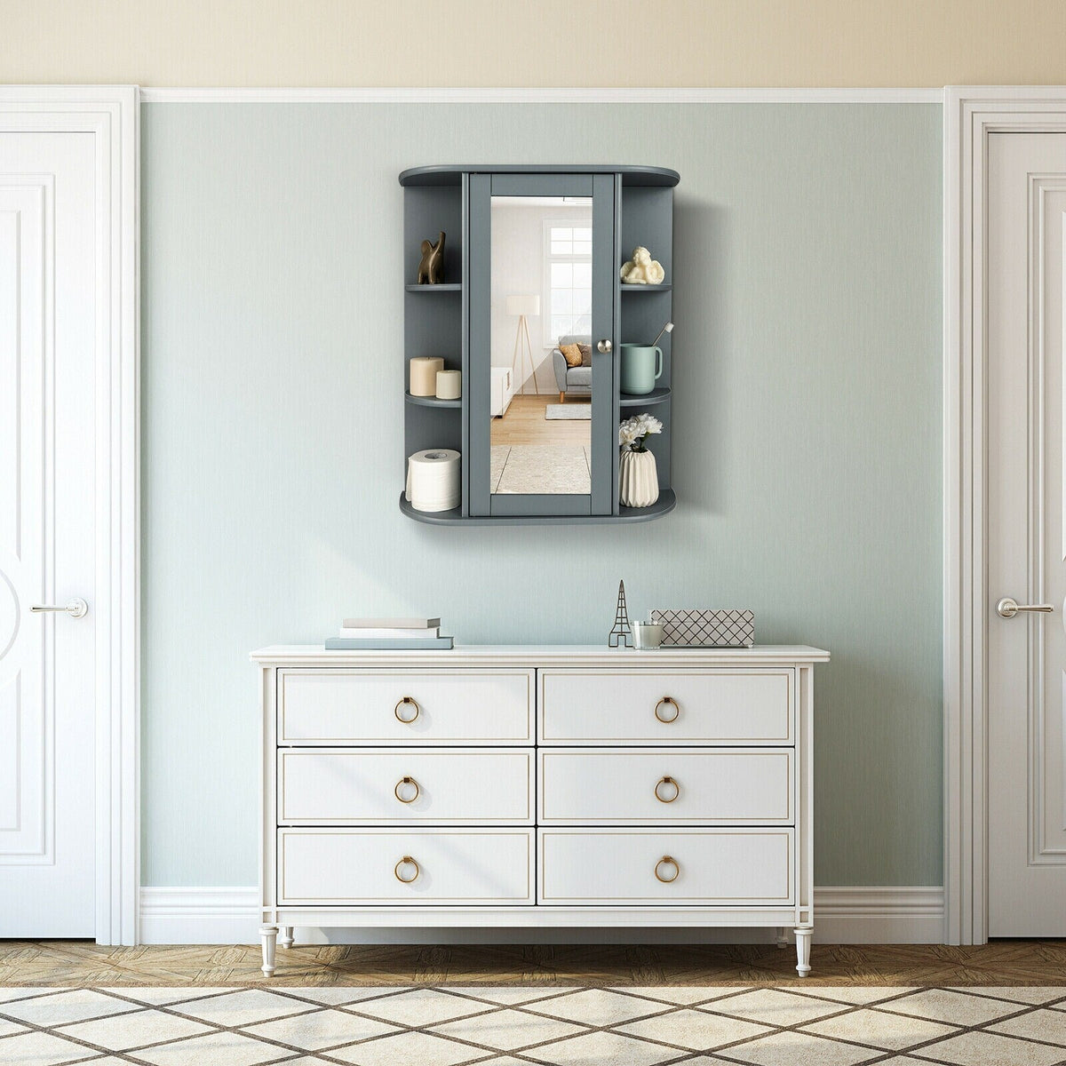 WELLFOR 23.5-in x 28-in Surface Mount Gray Mirrored Medicine Cabinet