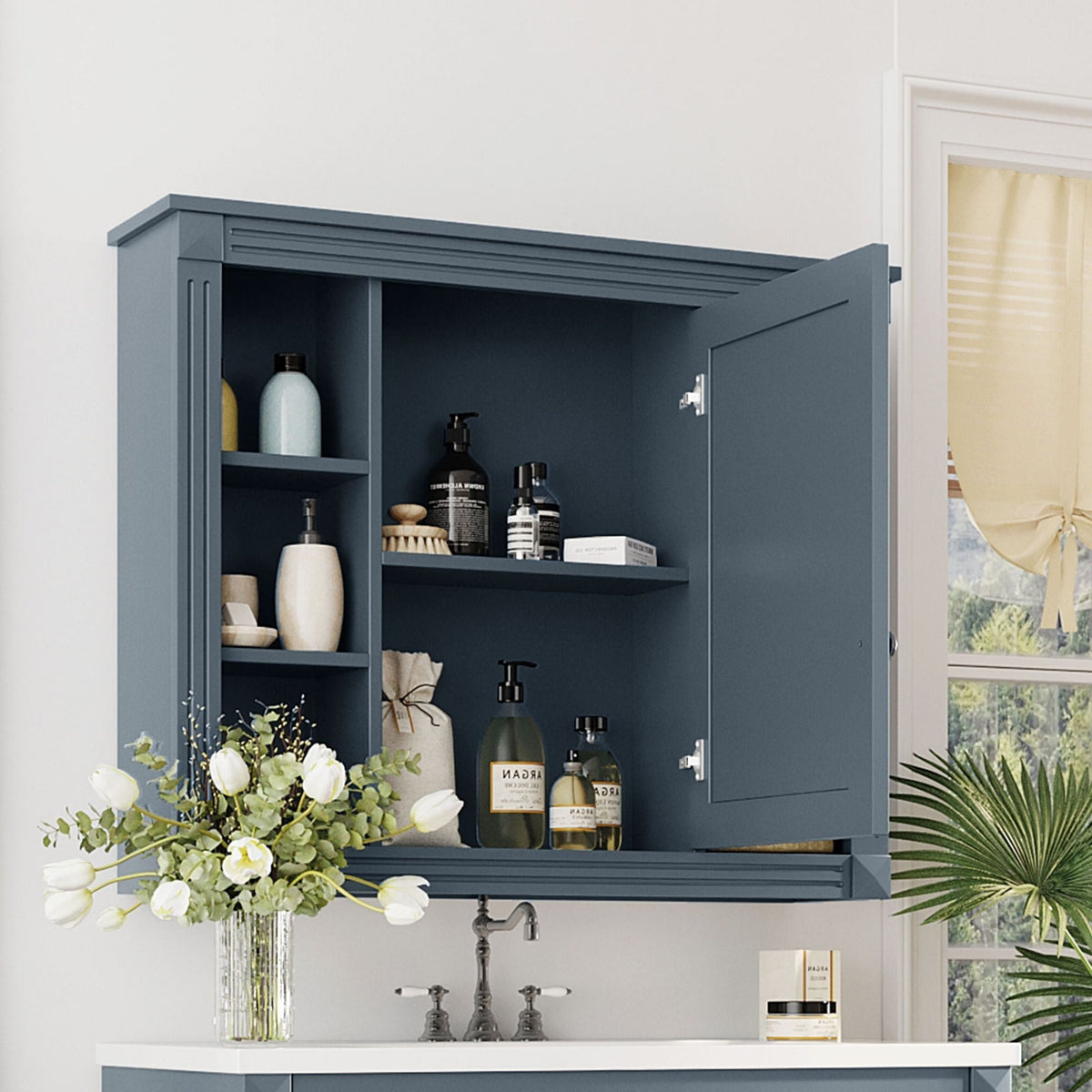 WELLFOR 35-in x 28.7-in Surface Mount Blue Mirrored Soft Close Medicine Cabinet