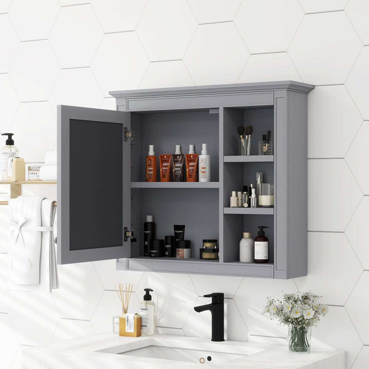 WELLFOR 30-in x 28-in Surface Mount Gray Mirrored Soft Close Medicine Cabinet