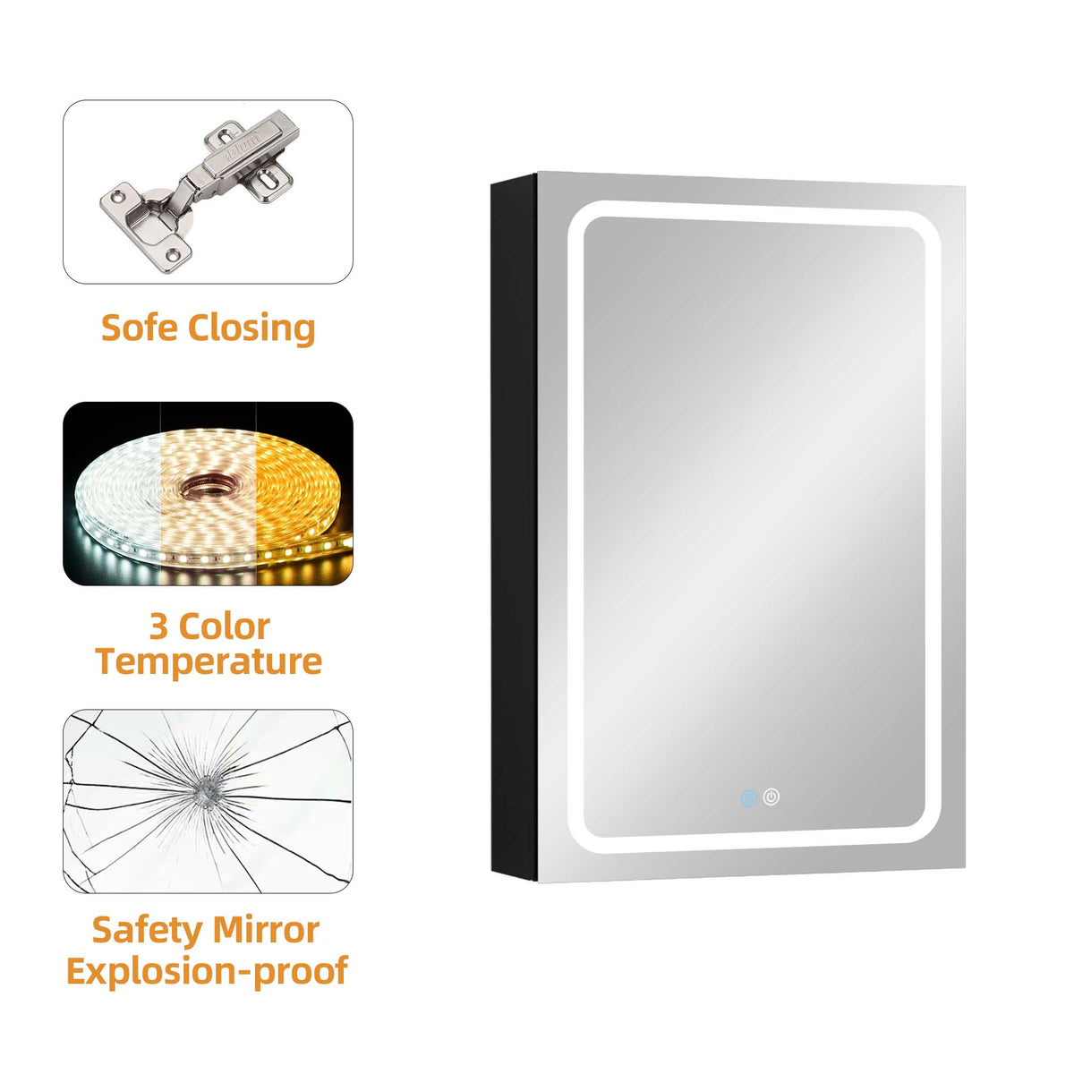 WELLFOR BG 30-in x 30-in Lighted LED Fog Free Surface Mount Black Mirrored Soft Close Medicine Cabinet