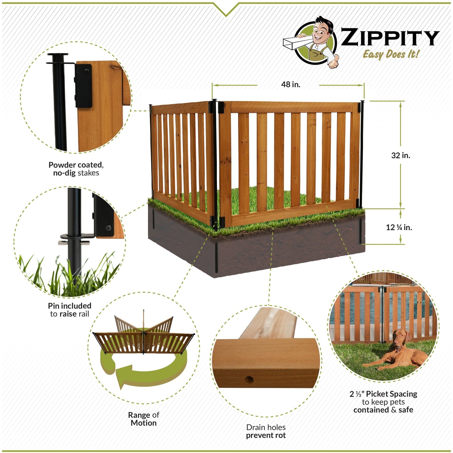 Zippity Outdoor Products 2.7-ft x 4-ft Pressure Treated Cedar Flat-top Garden No Dig Fence Panel