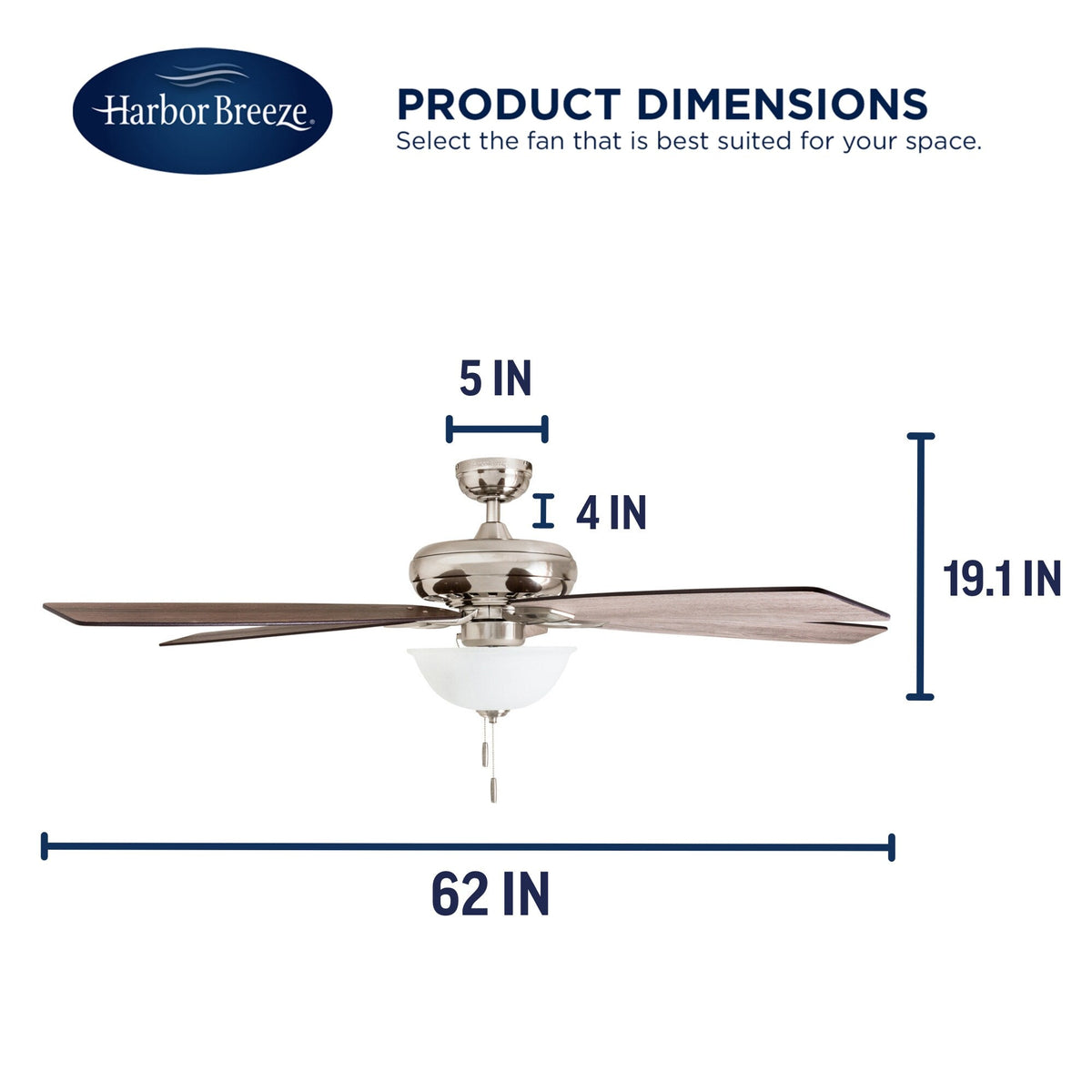 Harbor Breeze Cooperstown 62-in Brushed Nickel LED Indoor Ceiling Fan with Light, 5-Blade