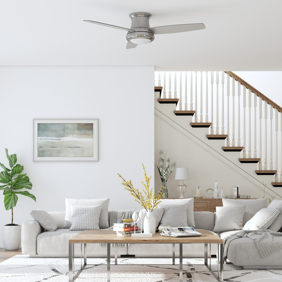 Harbor Breeze Sailstream 52-in Brushed Nickel LED Indoor Flush Mount Ceiling Fan with Light and Remote, 3-Blade