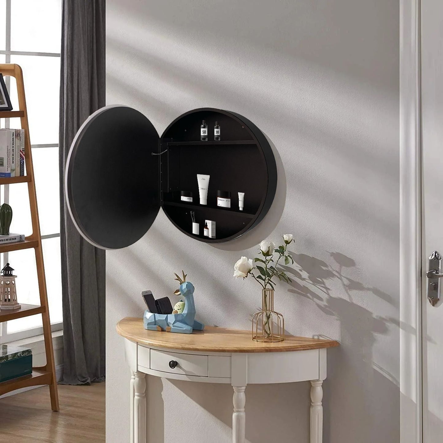 Forclover 26-in x 26-in Lighted LED Fog Free Surface/Recessed Mount Black Mirrored Round Medicine Cabinet