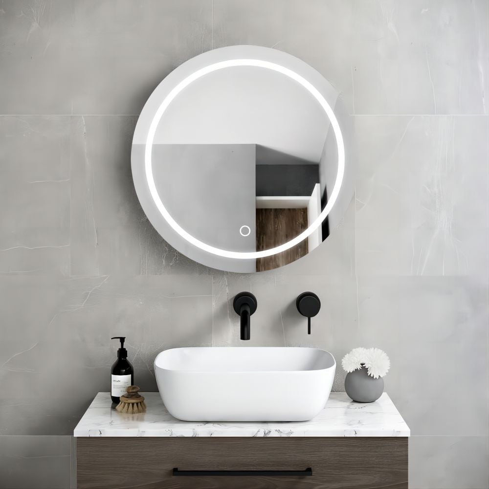 Forclover 26-in x 26-in Lighted LED Fog Free Surface/Recessed Mount Black Mirrored Round Medicine Cabinet
