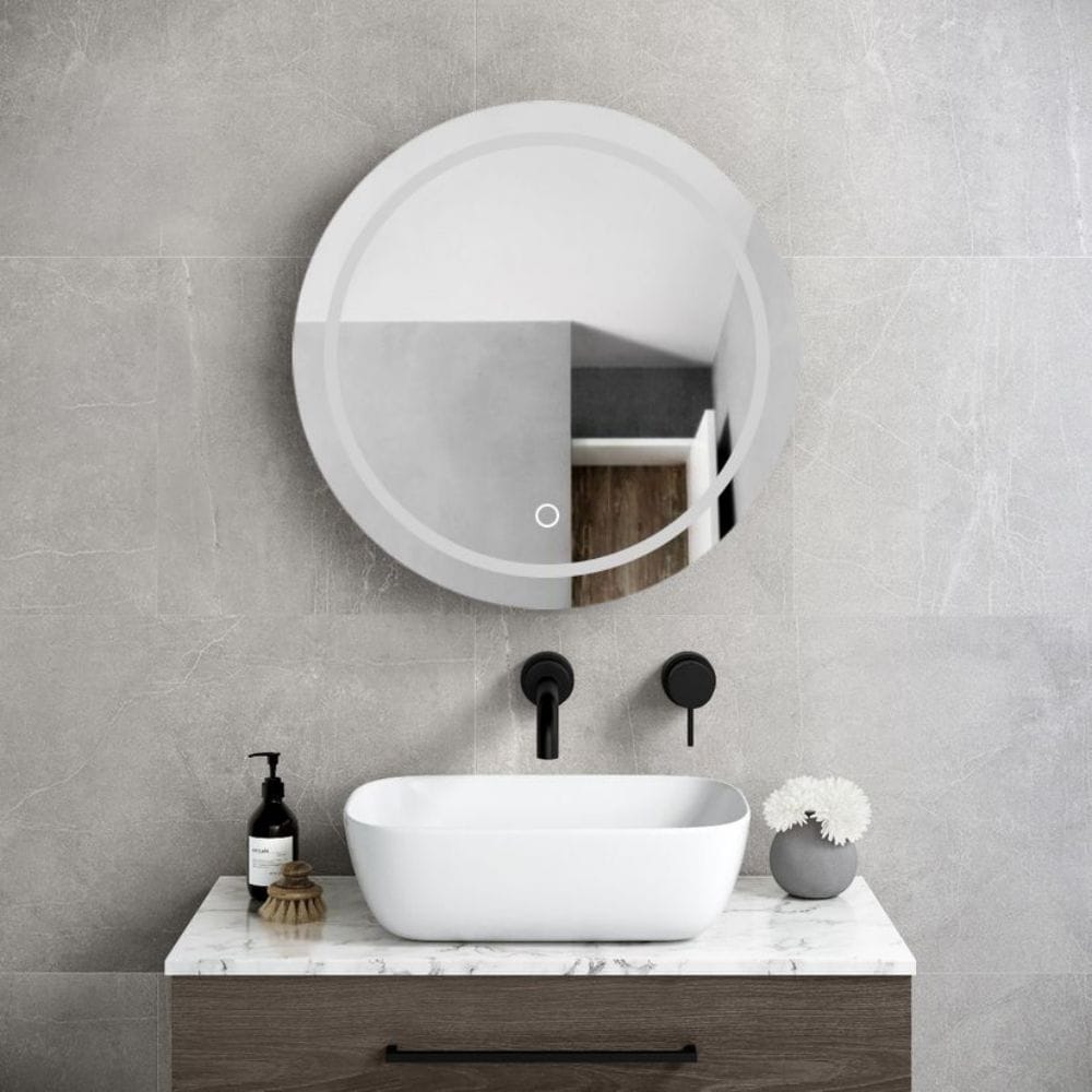Forclover 26-in x 26-in Lighted LED Fog Free Surface/Recessed Mount Black Mirrored Round Medicine Cabinet