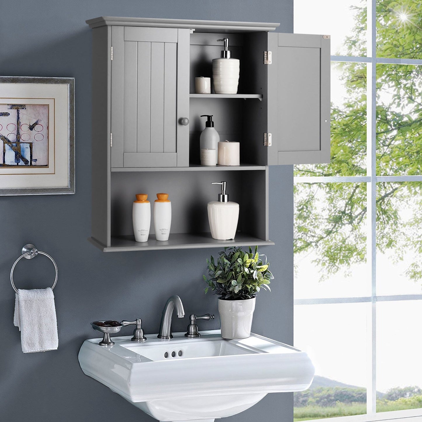 Goplus 8-in x 28-in x 23.5-in Grey Soft Close Bathroom Wall Cabinet