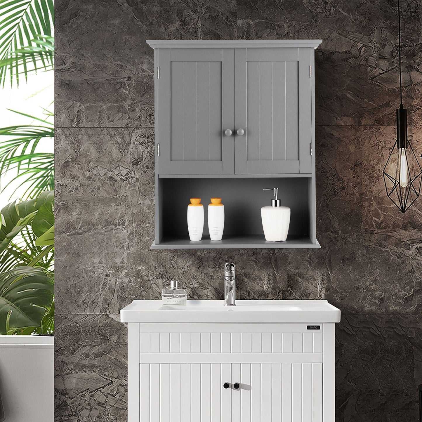 Goplus 8-in x 28-in x 23.5-in Grey Soft Close Bathroom Wall Cabinet