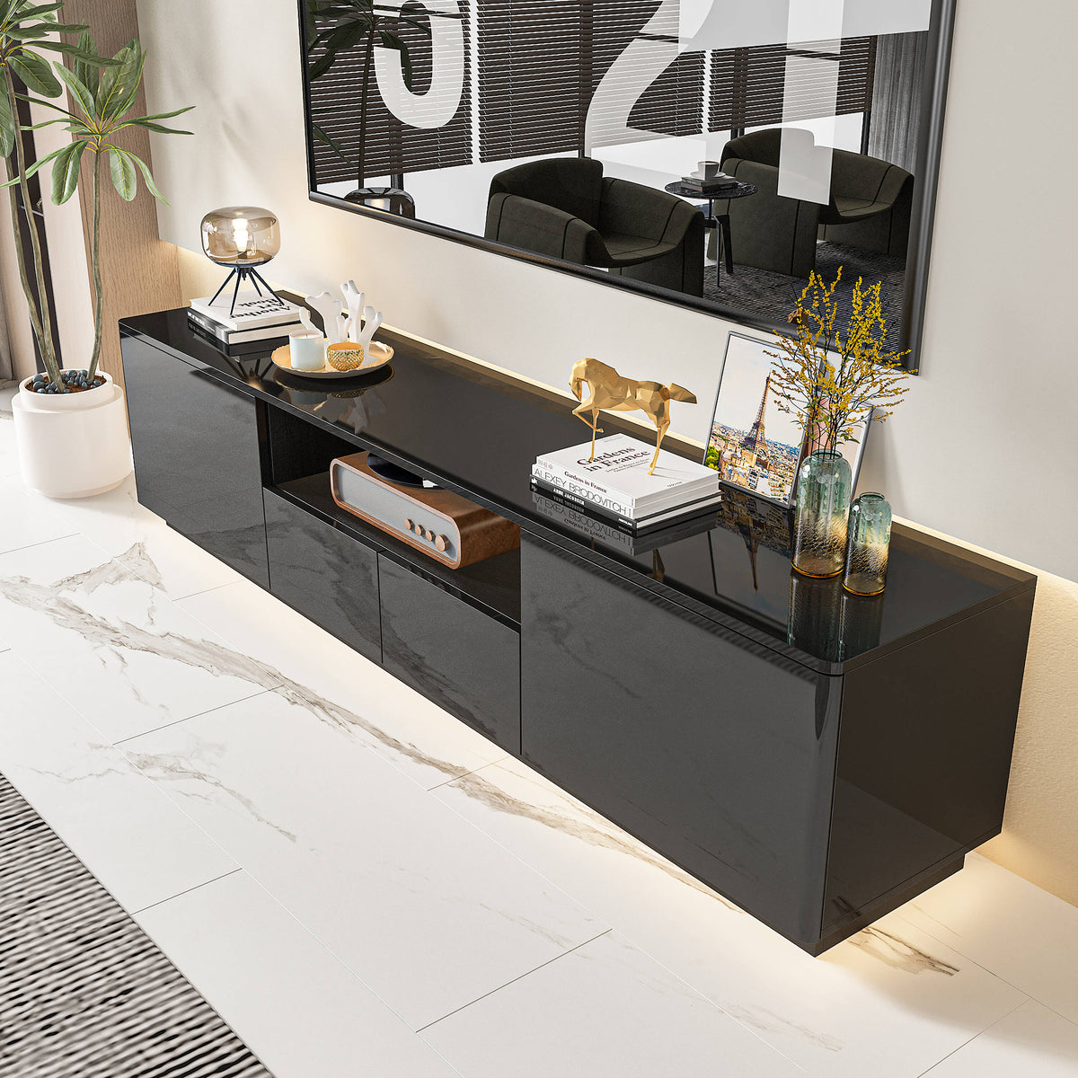 FUFU&GAGA Modern/Contemporary Black Tv Cabinet Integrated Tv Mount (Accommodates TVs up to 70-in)