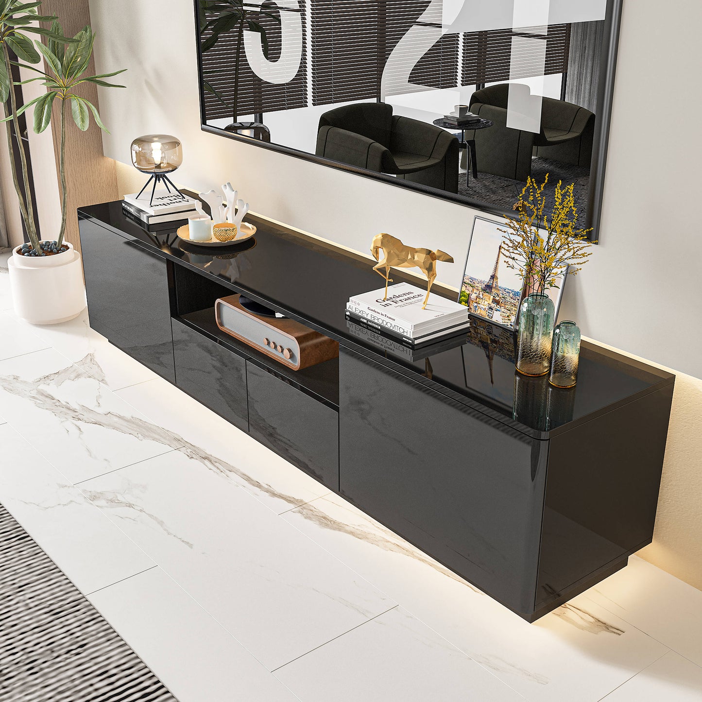 FUFU&GAGA Modern/Contemporary Black Tv Cabinet Integrated Tv Mount (Accommodates TVs up to 70-in)