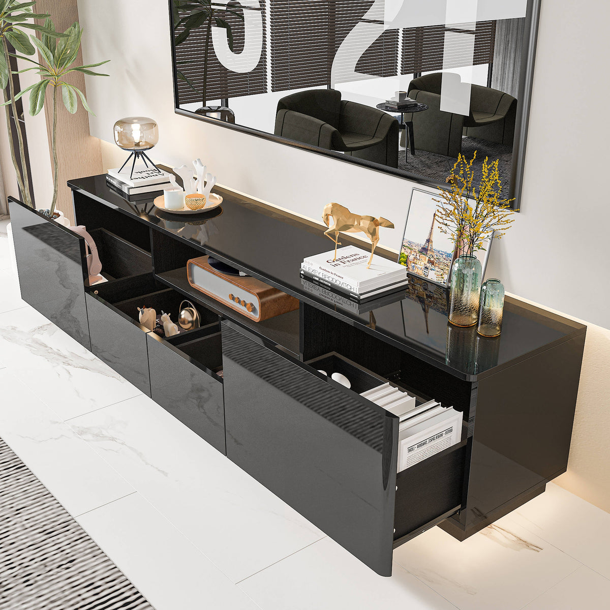 FUFU&GAGA Modern/Contemporary Black Tv Cabinet Integrated Tv Mount (Accommodates TVs up to 70-in)