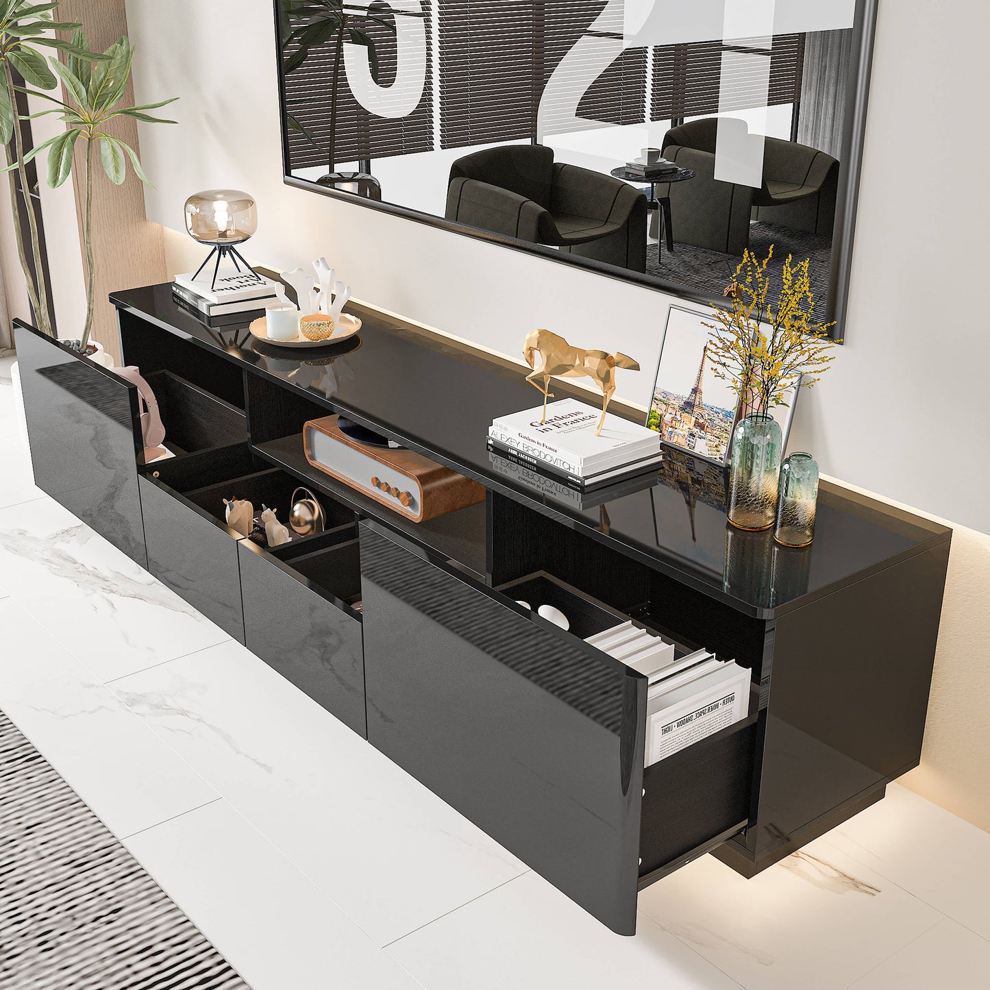 FUFU&GAGA Modern/Contemporary Black Tv Cabinet Integrated Tv Mount (Accommodates TVs up to 70-in)