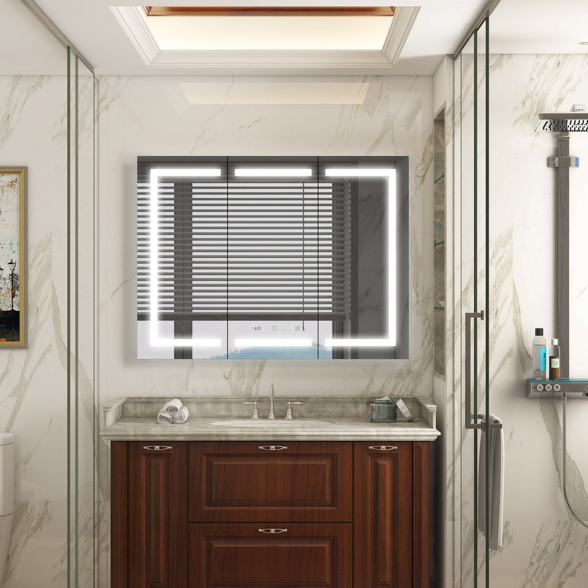 WELLFOR V11 48-in x 36-in Lighted LED Fog Free Surface/Recessed Mount Silver Mirrored Soft Close Medicine Cabinet with Outlet