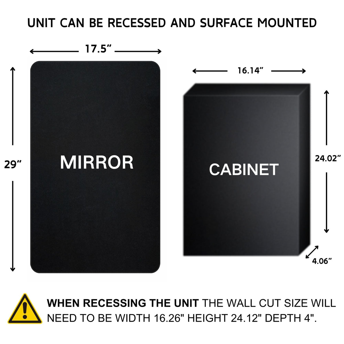 TEHOME 17.5-in x 29-in LED Surface/Recessed Mount Matt Black Mirrored Soft Close Medicine Cabinet