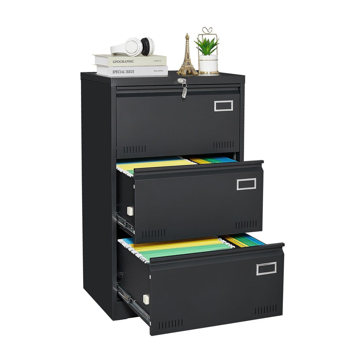 SINOFURN Black 3-Drawer 23.6-in File Cabinet