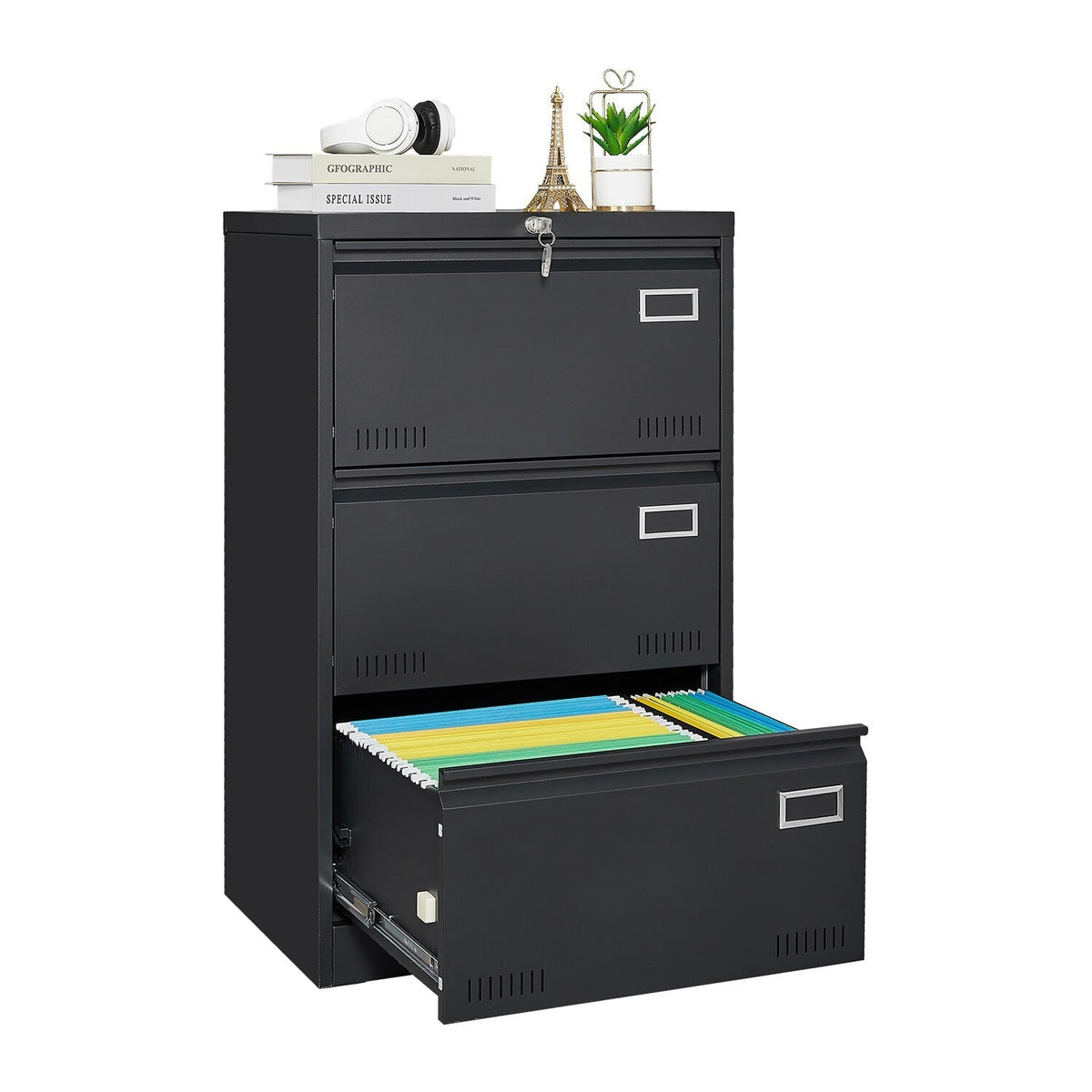 SINOFURN Black 3-Drawer 23.6-in File Cabinet