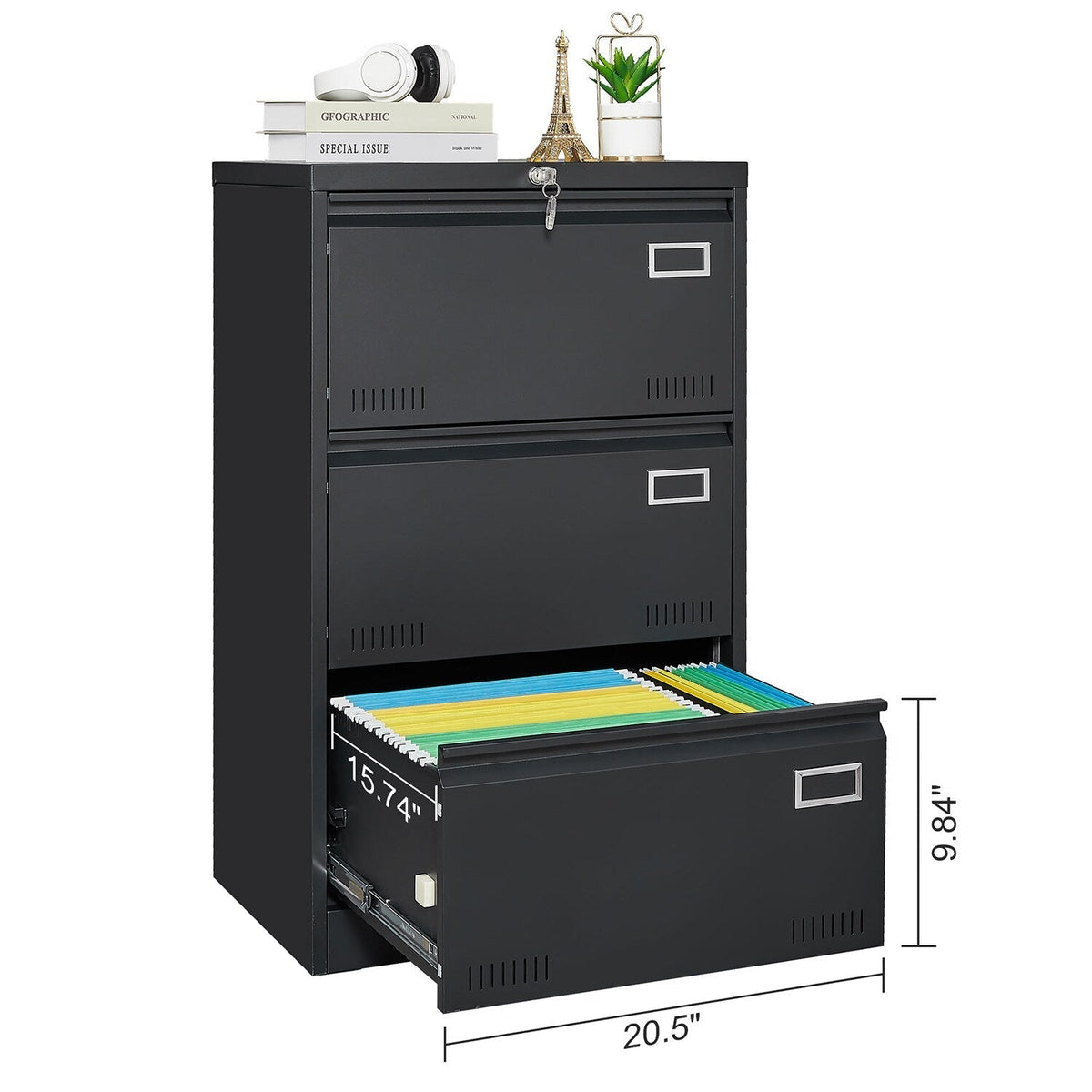 SINOFURN Black 3-Drawer 23.6-in File Cabinet