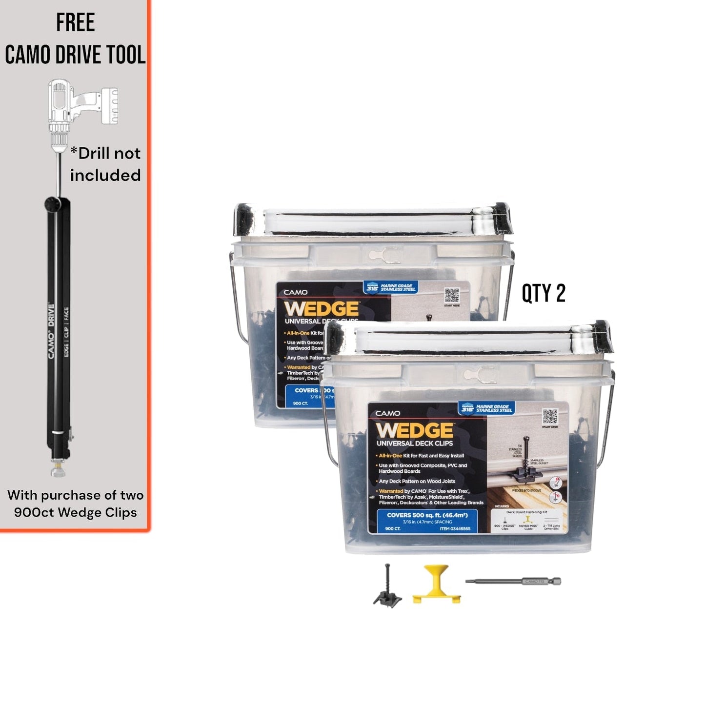 CAMO Wedge clip and Drive Decking Tool Bundle 1.75-in 316 Stainless Steel Hidden Deck Fastener 1000-sq ft (1800-Pack)