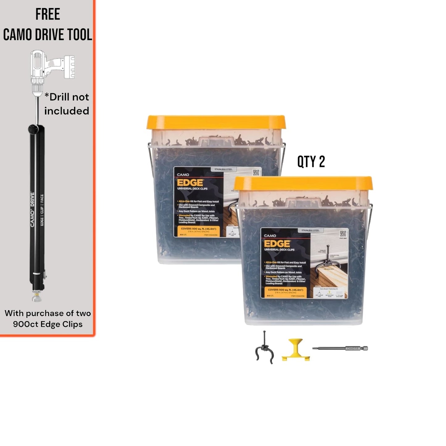 CAMO Edge clip and Drive Decking Tool Bundle 1.75-in 316 Stainless Steel Hidden Deck Fastener 1000-sq ft (1800-Pack)