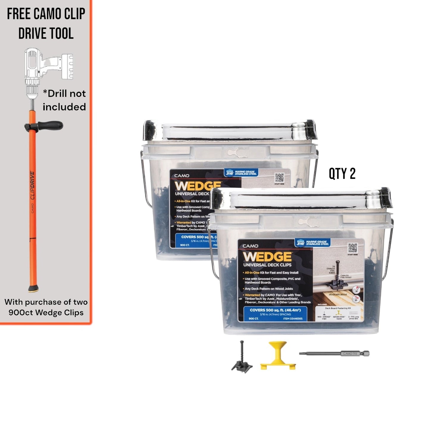 CAMO Wedge clip and ClipDrive Decking Tool Bundle 1.75-in 316 Stainless Steel Hidden Deck Fastener 1000-sq ft (1800-Pack)