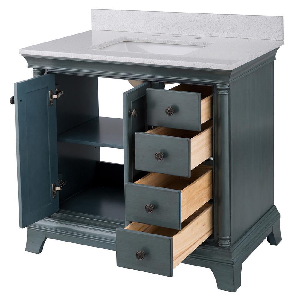 Strousse 37 in. W x 22 in. D Vanity in Distressed Blue Fog with Engineered Stone Top in Ice Diamond with White Sink - Super Arbor