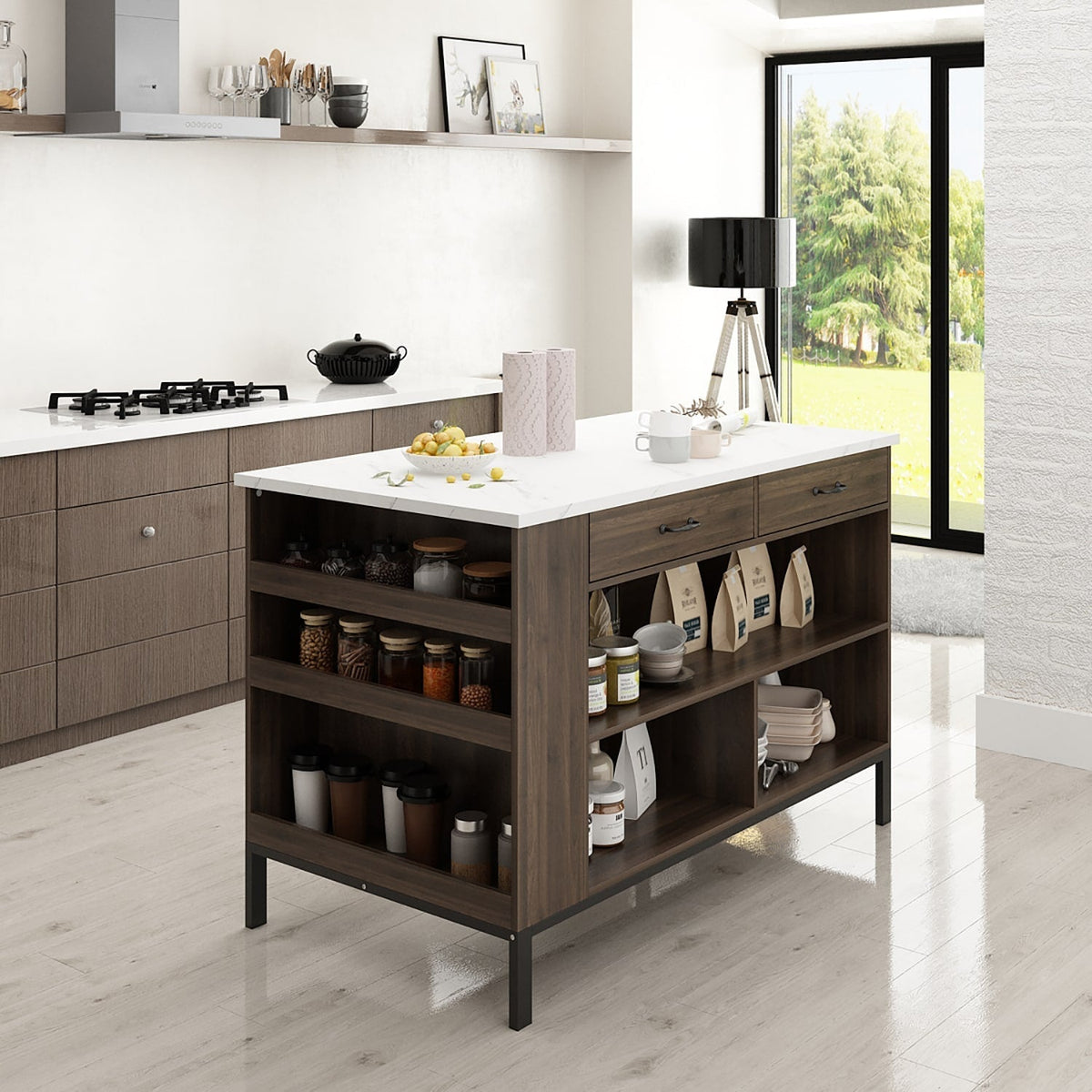 FUFU&GAGA Brown Composite Base with Mdf Top Kitchen Cart (30-in x 55.1-in x 36-in)