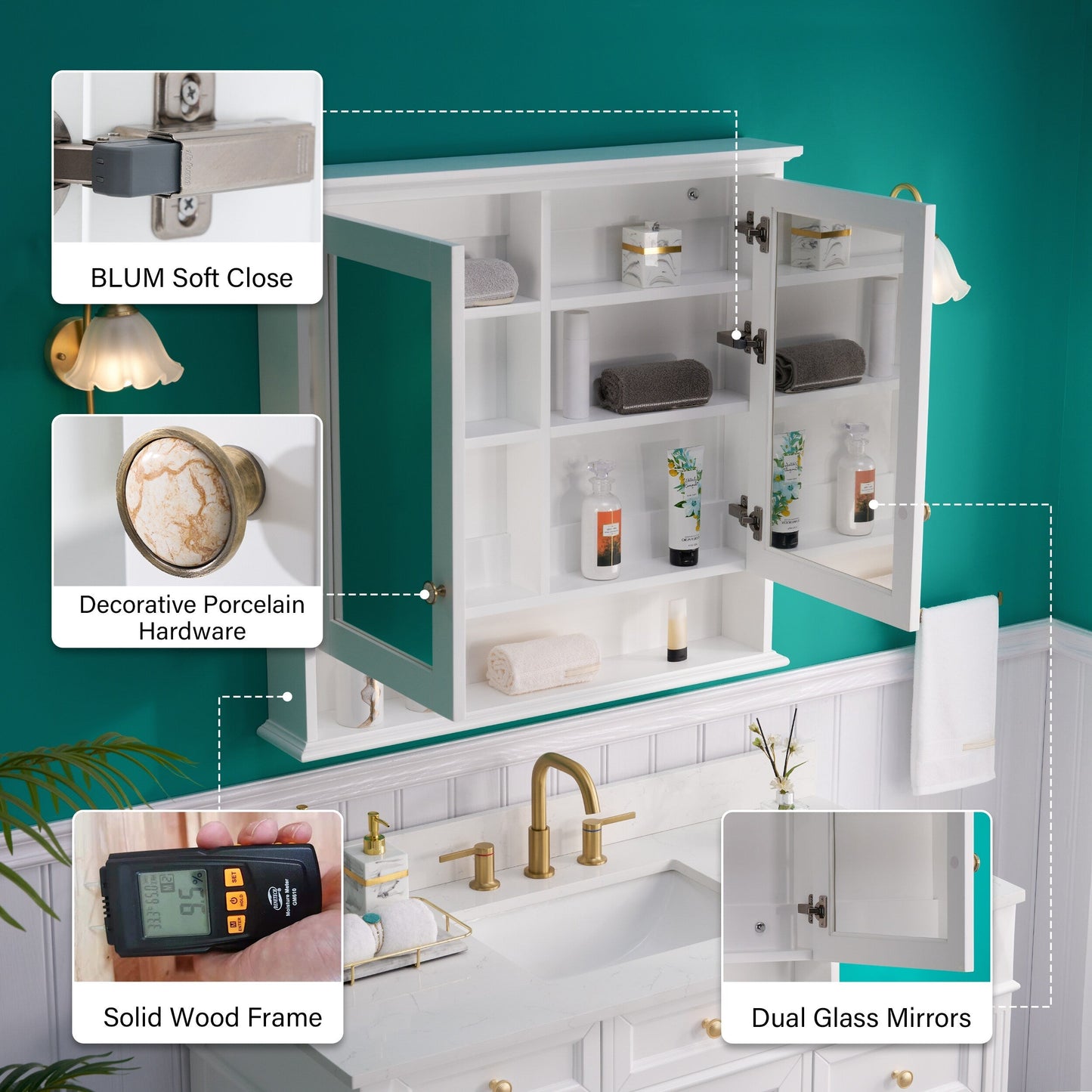 WELLFOR GRACE Solid Wood 36-in x 34-in Surface Mount White Mirrored Soft Close Medicine Cabinet