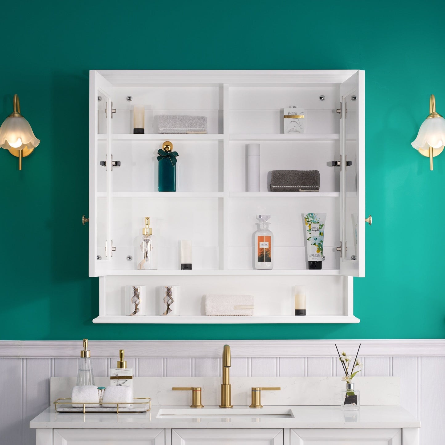 WELLFOR GRACE Solid Wood 36-in x 34-in Surface Mount White Mirrored Soft Close Medicine Cabinet