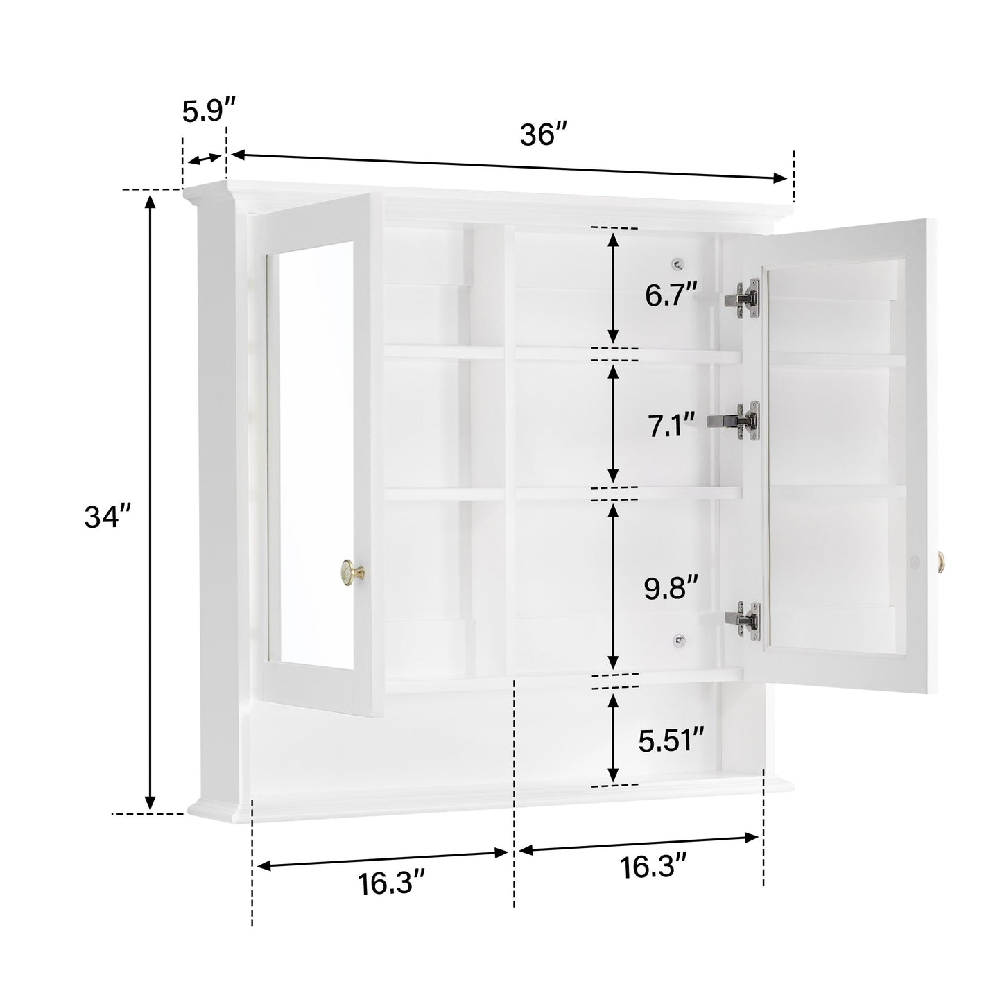 WELLFOR GRACE Solid Wood 36-in x 34-in Surface Mount White Mirrored Soft Close Medicine Cabinet