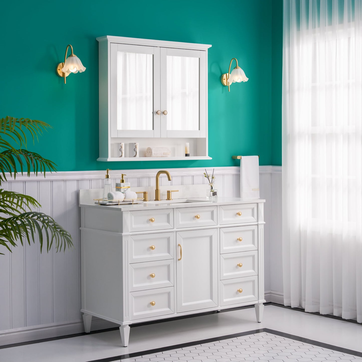 WELLFOR GRACE Solid Wood 36-in x 34-in Surface Mount White Mirrored Soft Close Medicine Cabinet