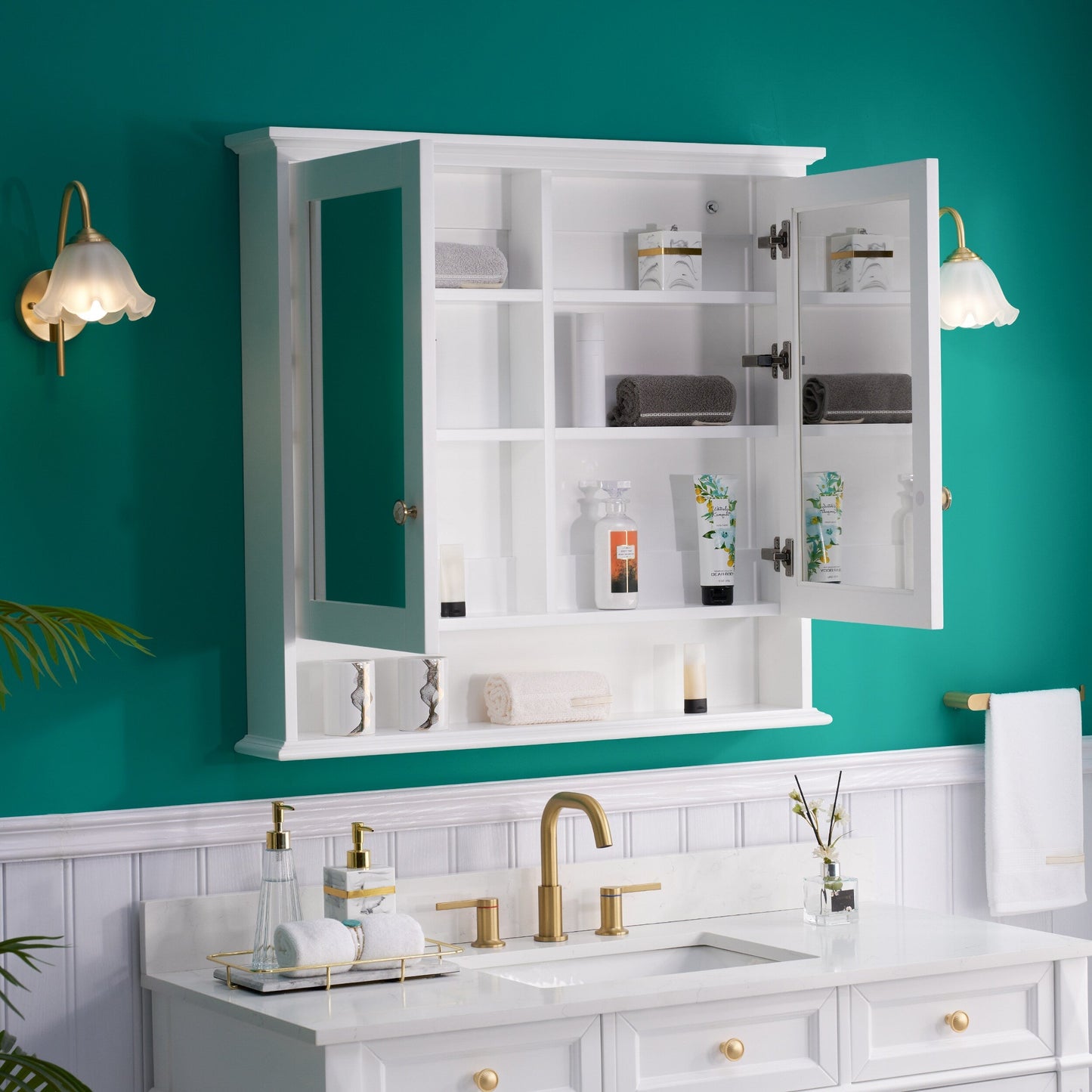 WELLFOR GRACE Solid Wood 36-in x 34-in Surface Mount White Mirrored Soft Close Medicine Cabinet