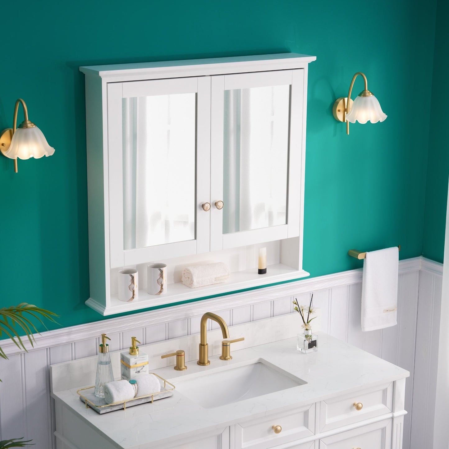 WELLFOR GRACE Solid Wood 36-in x 34-in Surface Mount White Mirrored Soft Close Medicine Cabinet