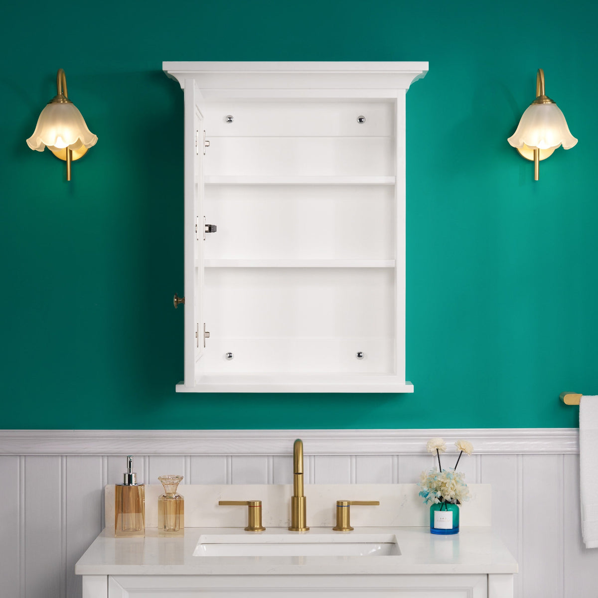 WELLFOR GRACE Solid Wood 24-in x 30-in Surface Mount White Mirrored Soft Close Medicine Cabinet