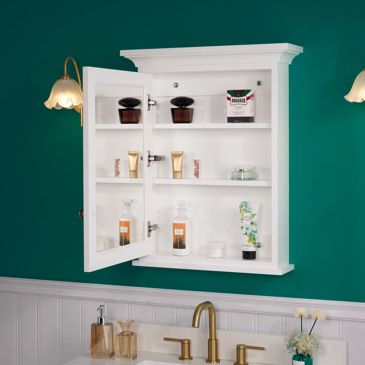 WELLFOR GRACE Solid Wood 24-in x 30-in Surface Mount White Mirrored Soft Close Medicine Cabinet
