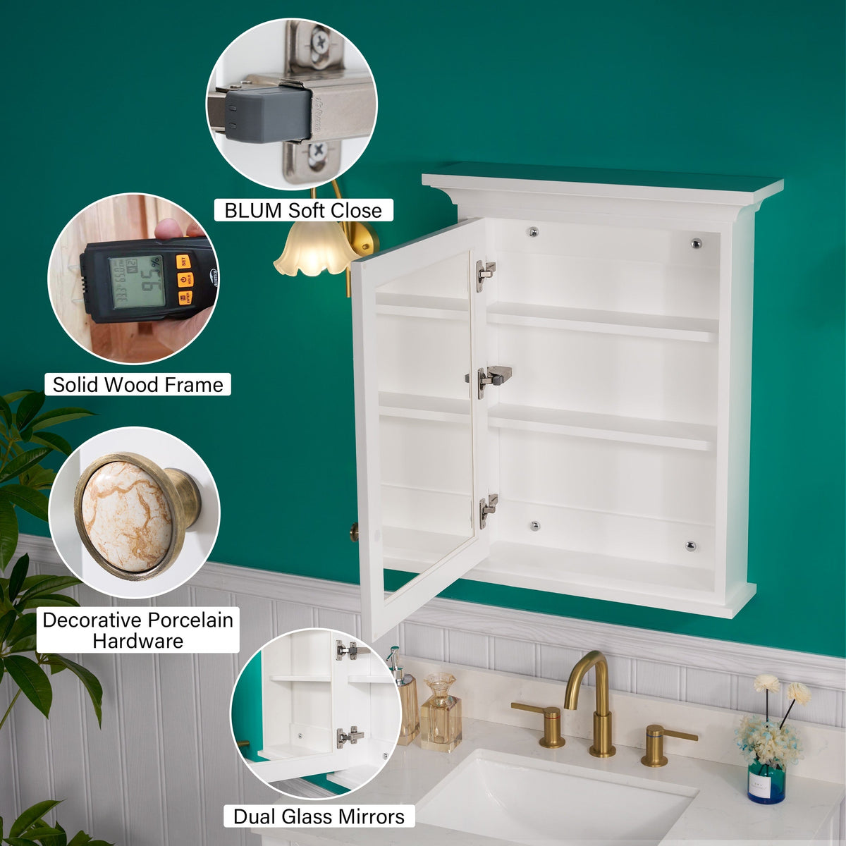 WELLFOR GRACE Solid Wood 24-in x 30-in Surface Mount White Mirrored Soft Close Medicine Cabinet