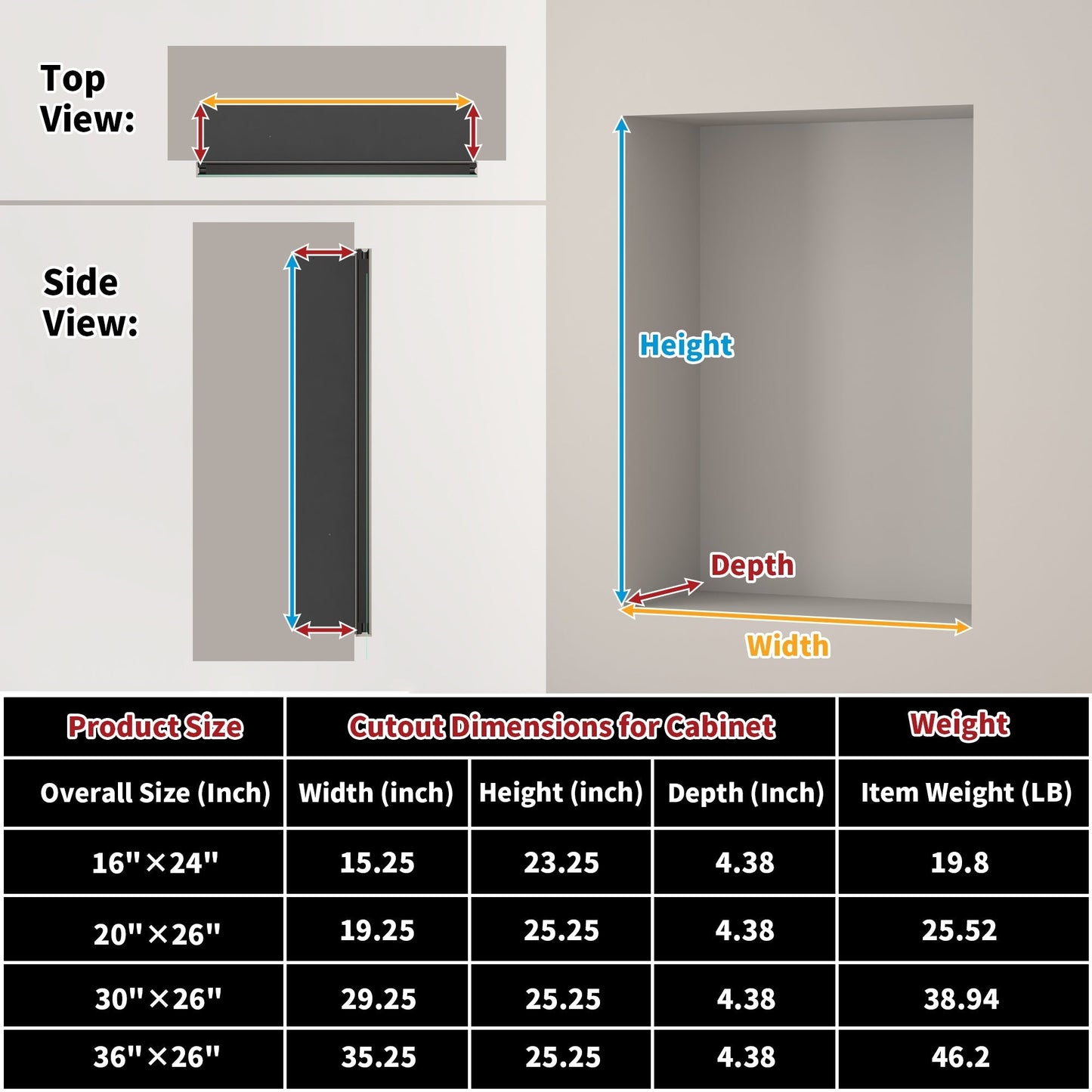 ExBrite Savio 20-in x 26-in Lighted LED Fog Free Surface/Recessed Mount Matte Black Mirrored Soft Close Medicine Cabinet with Outlet