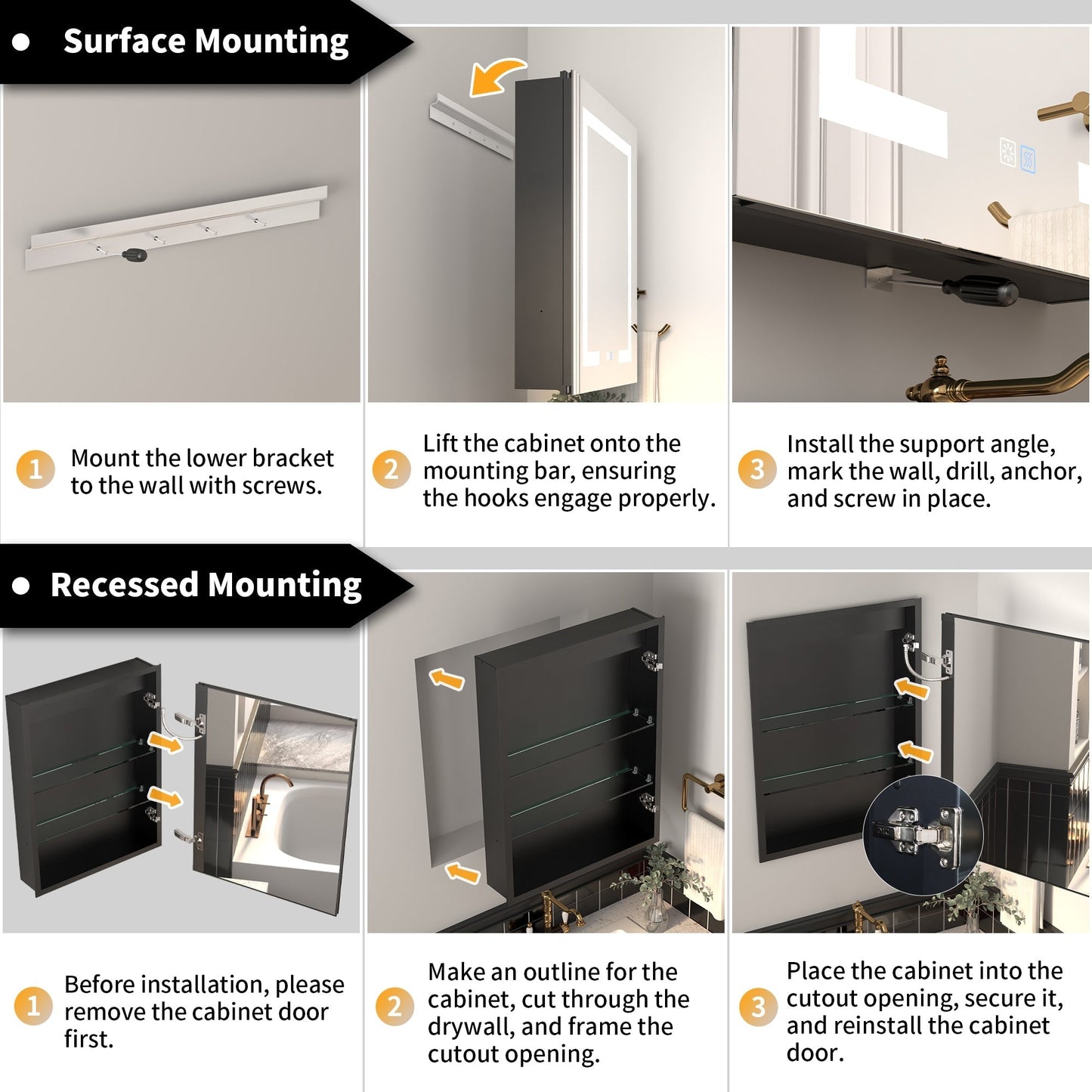 ExBrite Savio 20-in x 26-in Lighted LED Fog Free Surface/Recessed Mount Matte Black Mirrored Soft Close Medicine Cabinet with Outlet