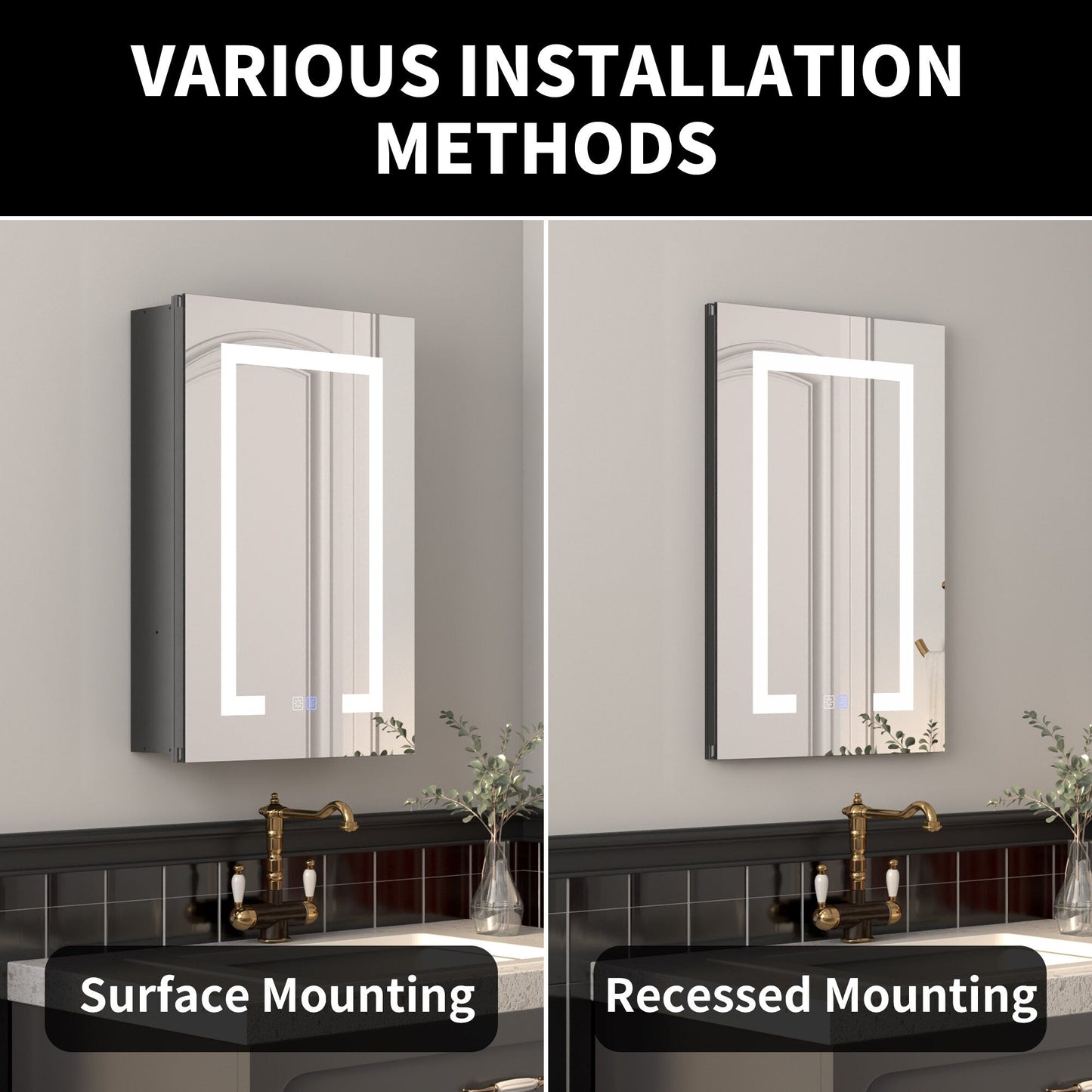 ExBrite Savio 16-in x 24-in Lighted LED Fog Free Surface/Recessed Mount Matte Black Mirrored Soft Close Medicine Cabinet with Outlet