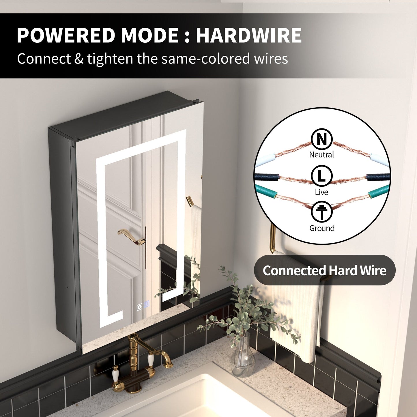 ExBrite Savio 16-in x 24-in Lighted LED Fog Free Surface/Recessed Mount Matte Black Mirrored Soft Close Medicine Cabinet with Outlet